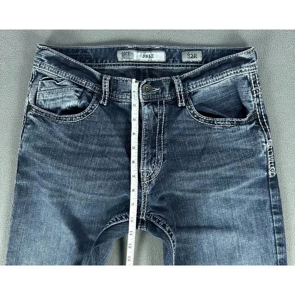 BKE Jeans Mens 32x31 Blue Jake Straight Whiskered Distressed Thick Stitch Denim - Picture 7 of 11